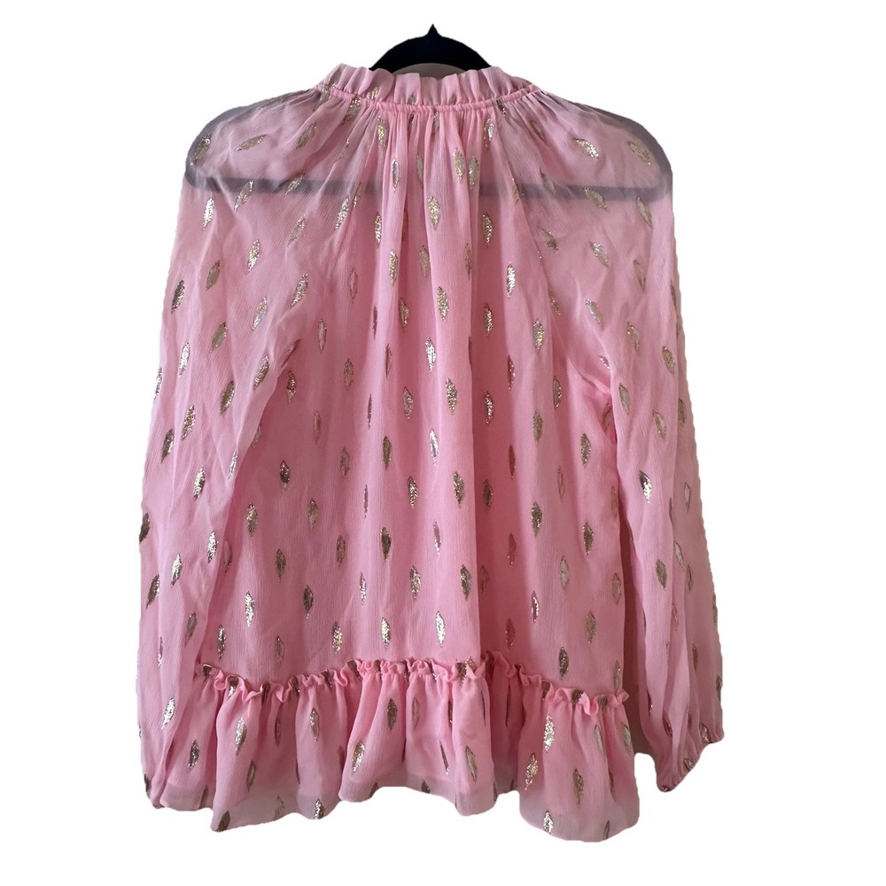 Lilly Pulitzer Tensley‎ Silk Top Pink Metallic Silver Gold Feathers Ruffles Sz S - Picture 6 of 15
